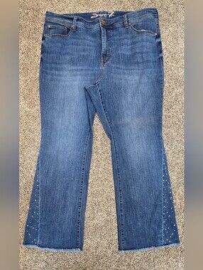 Seven7 Size 22 Flare Jeans Raw Hem Rhinestone Stretch Denim Plus Size